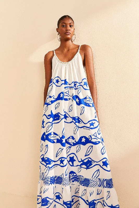 Off-White Pitta Waves Sleeveless Maxi Dress Elegant Boho Maxi Dress
