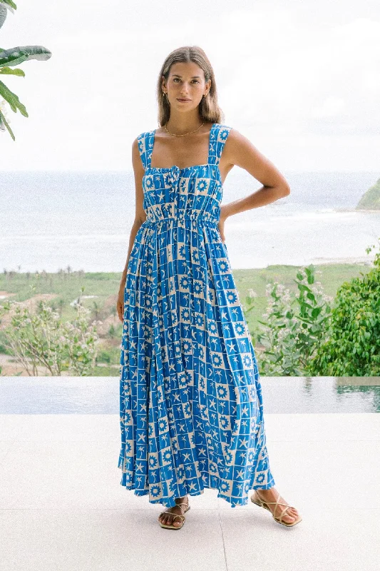 Oliana Blue Tropical Tile Flared Maxi Dress Chic Sleeveless Maxi Dress