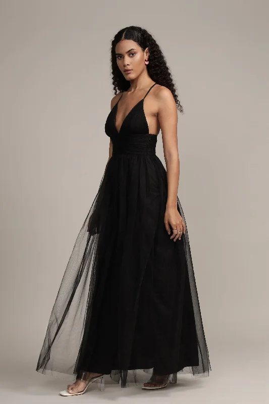 Opal Tulle Maxi Dress in Black Elegant Wraparound Maxi Dress