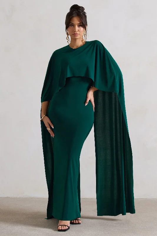 Padma | Bottle Green Draped Maxi Dress With Cape Sleeves Comfortable Casual Maxi Dress