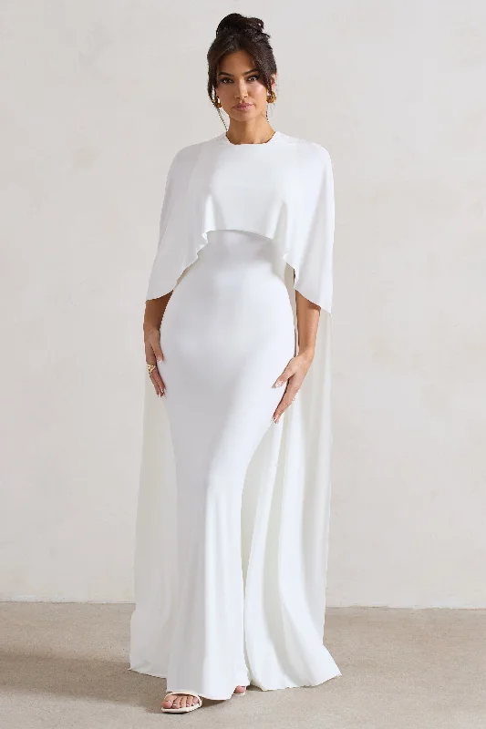Padma | White Draped Maxi Dress With Cape Sleeves Stylish Maxi Dress with Pleats