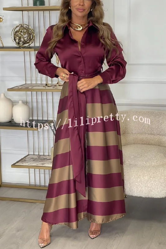 Lindsey Satin Colorblock Contrast Long Sleeve Belted Shirt Maxi Dress Classic Tulle Maxi Dress