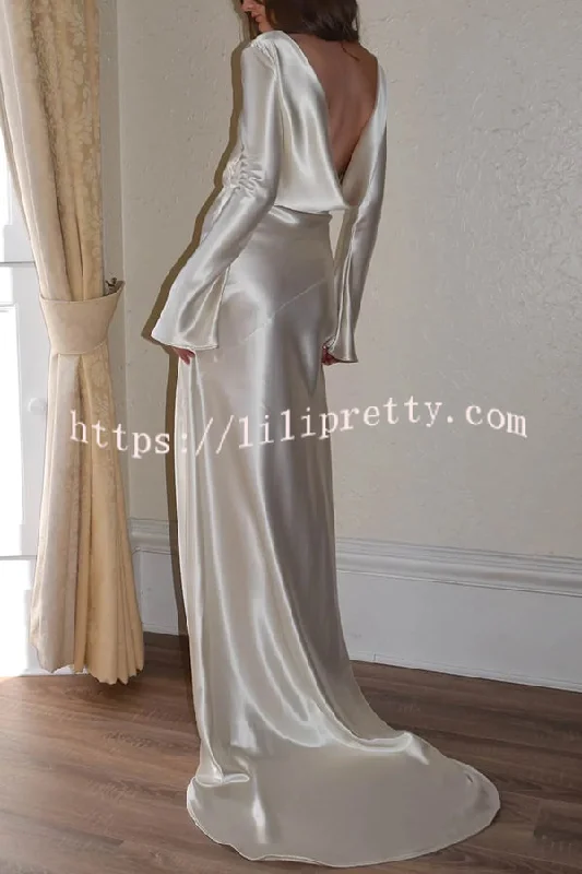 Pearl Eden Satin Back Open Cowl Neck Gown Maxi Dress Comfortable Plunging Neckline Maxi Dress