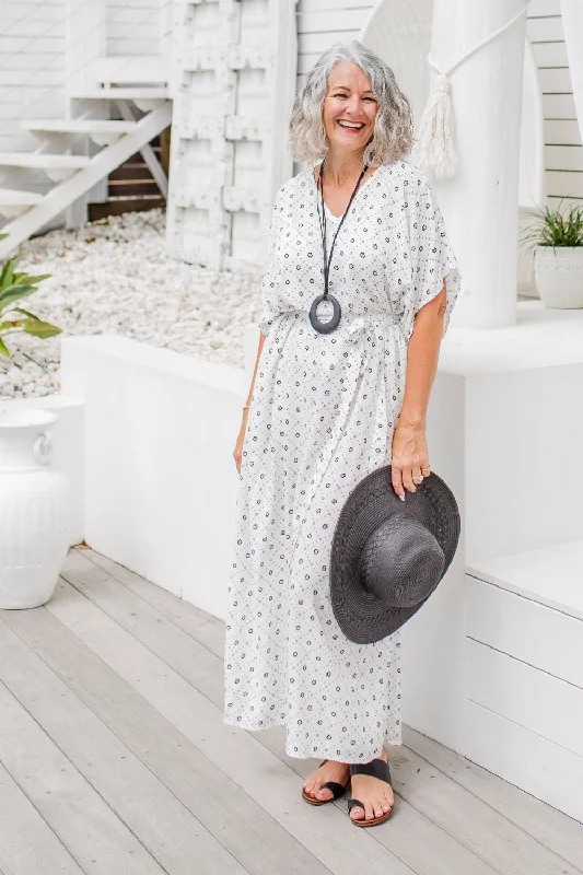 Petite Geo Print Maxi Dress - White Casual Maxi Dress with Pockets
