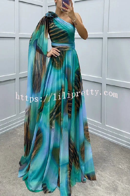 Lucia Unique Print Floral Detail One Shoulder Draped Sleeve Gown Maxi Dress Cozy Ruffle Sleeve Maxi Dress