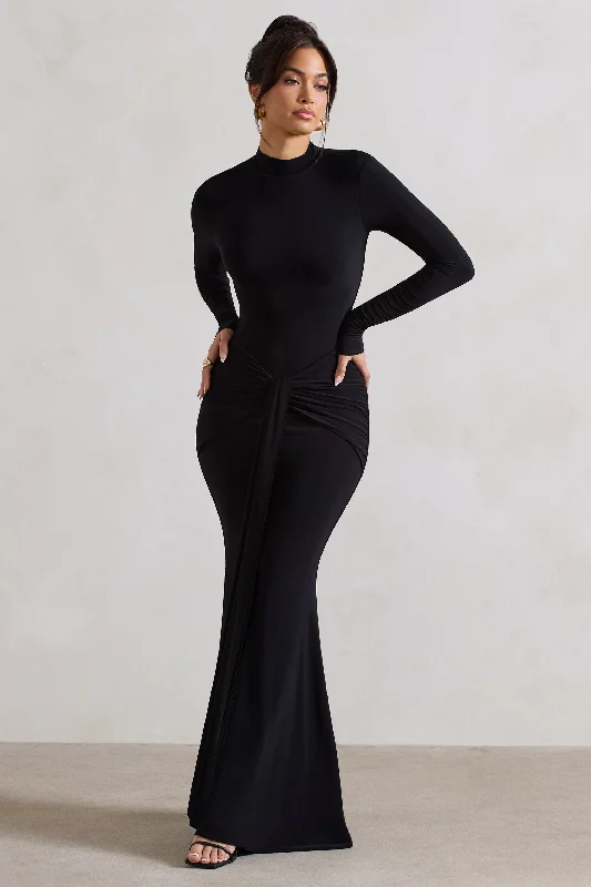 Pietra | Black High-Neck Long Sleeve Knot Maxi Dress Comfortable Plunging Neckline Maxi Dress