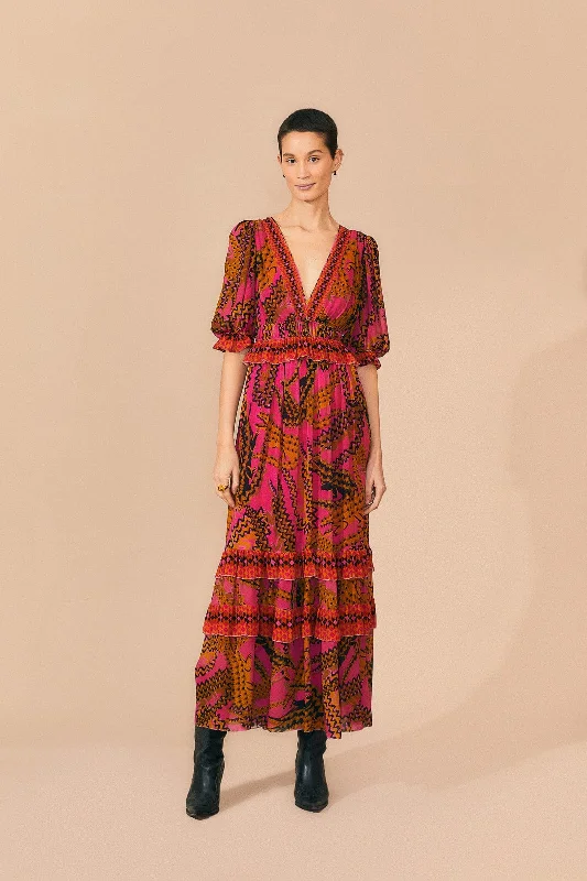 Pink Croco Short Sleeve Maxi Dress Trendy Floral Print Maxi Dress