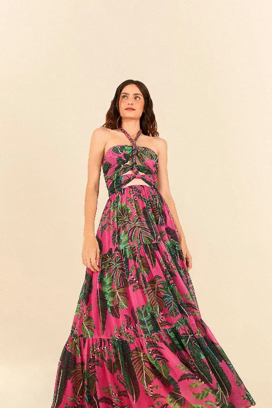 Pink Leaves Cut Out Maxi Dress Fashionable Printed Maxi Dress