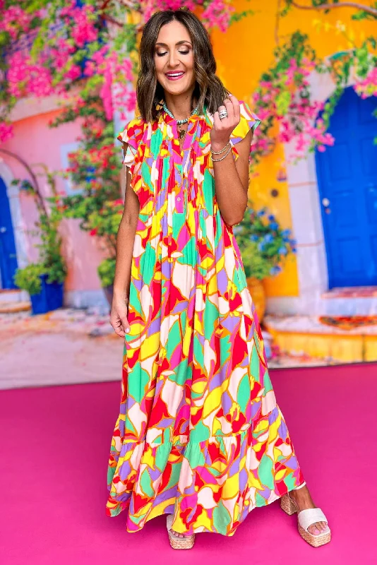Pink Multi Printed Flutter Cap Sleeve V Neck Maxi Dress Trendy Short Sleeve Maxi Dress