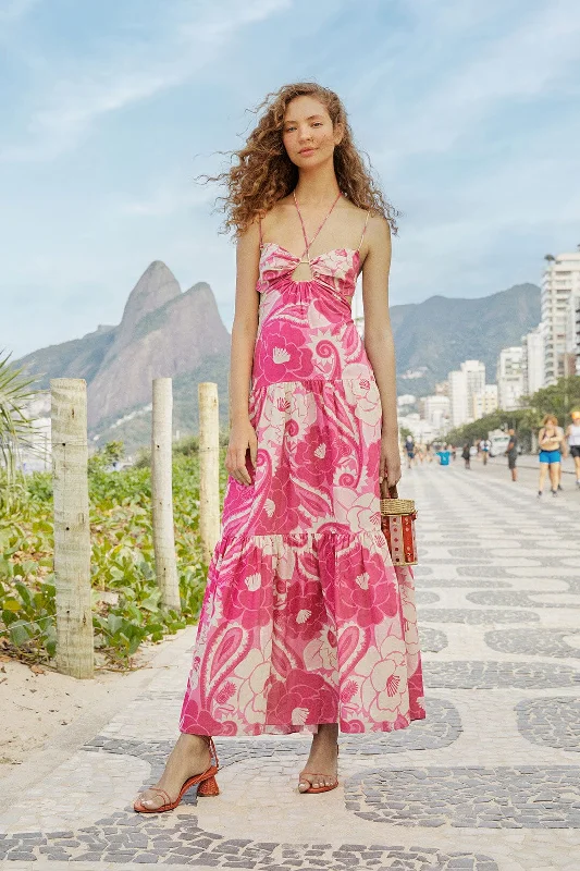 Pink Tropical Groove Maxi Dress Trendy Button Front Maxi Dress