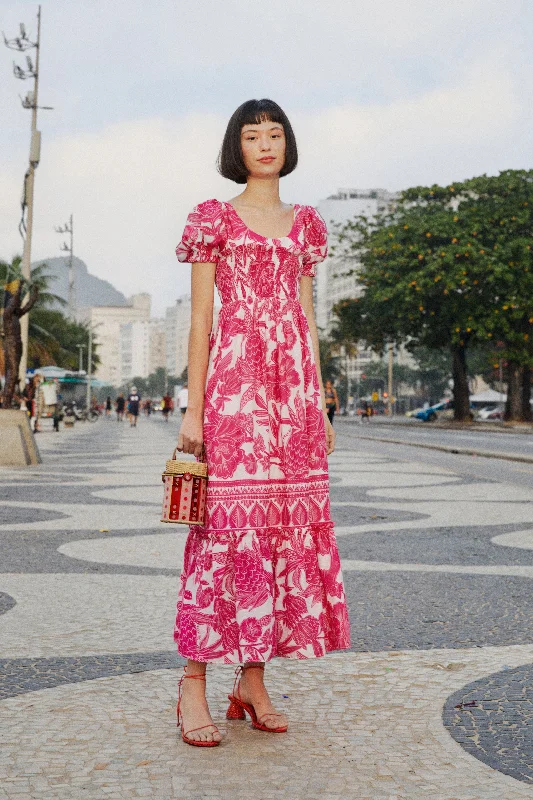 Pink Tropical Woodcut Maxi Dress Fashionable Off-Shoulder Maxi Dress