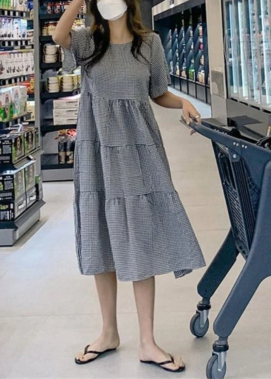 Plaid Knotted Ruffle Round Neck Short Sleeve Casual Maxi Dress Fashionable Button-Down Maxi Dress