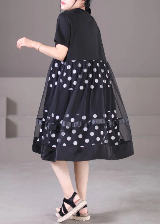 Plus Size Black O-Neck Tulle Patchwork Dot Print Cotton Maxi Dress Short Sleeve Stylish Maxi Dress with Pleats