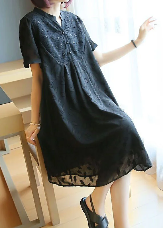 Plus Size Black Stand Collar Patchwork Jacquard Chiffon Maxi Dresses Summer Stylish Maxi Dress with Pleats