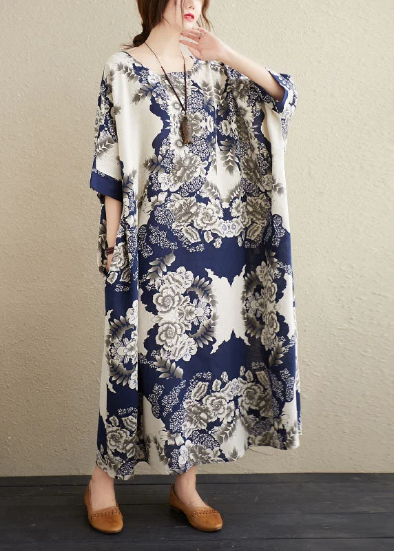 Plus Size Navy O-Neck Print Cotton Maxi Dresses Caftan Short Sleeve Fashionable Sheer Maxi Dress