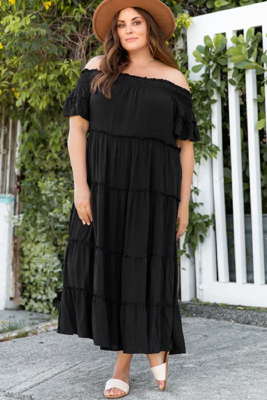 Plus Size Off-Shoulder Ruffle Trim Maxi Dress Trendy Button Front Maxi Dress