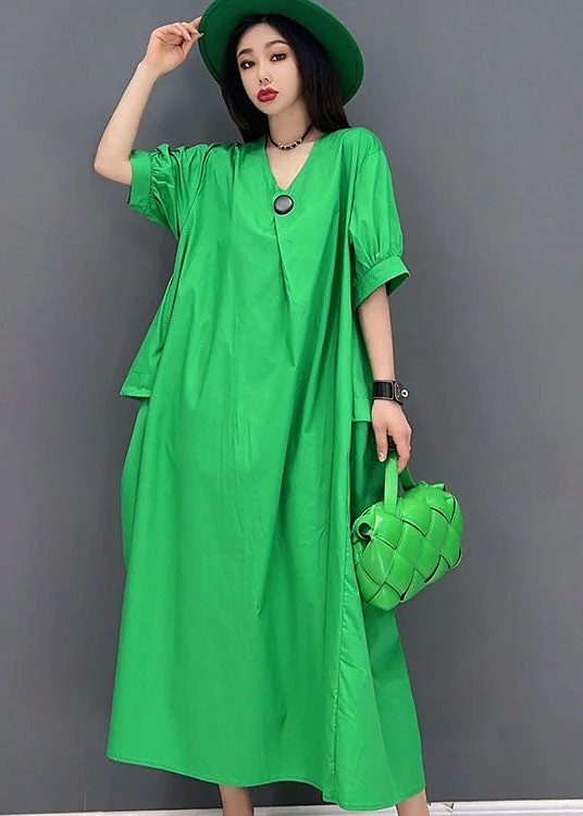 Plus Size Solid Green V Neck Big Pockets Cotton Maxi Dress Short Sleeve Elegant Sleeveless Maxi Dress