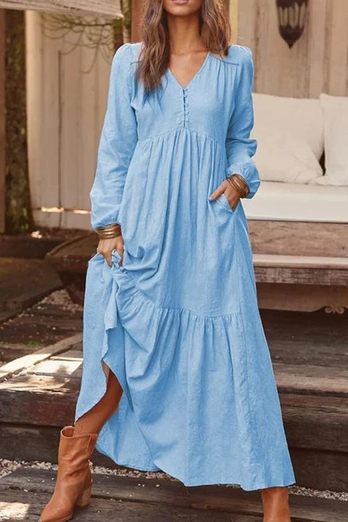 Pockets V Neck Long Sleeeve Maxi Dress Cozy Knitted Maxi Dress