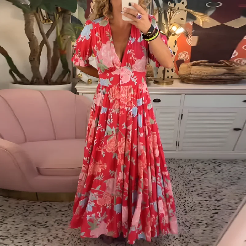 Popular Short Sleeve Print Maxi Dress Fashionable High-Waist Maxi Dress