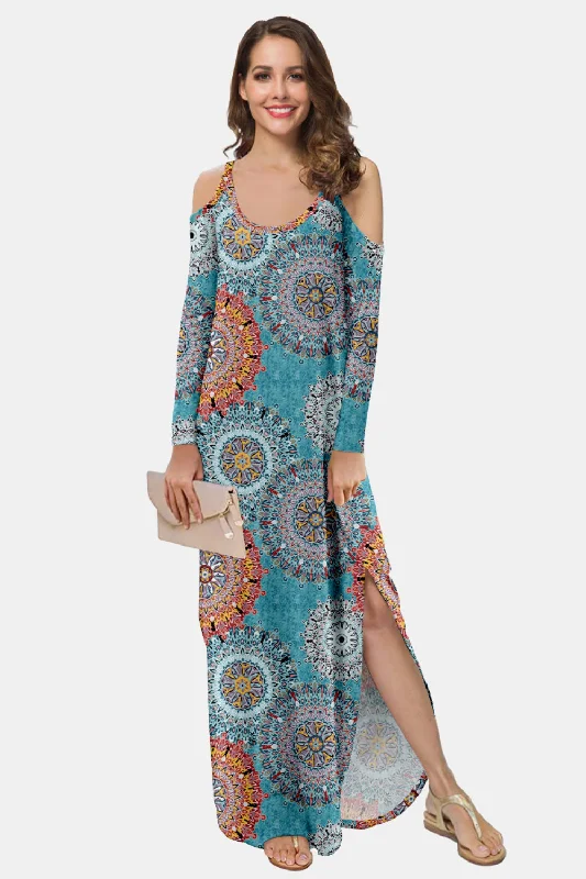 Printed Cold-Shoulder Slit Maxi Dress Elegant Floral Maxi Dress