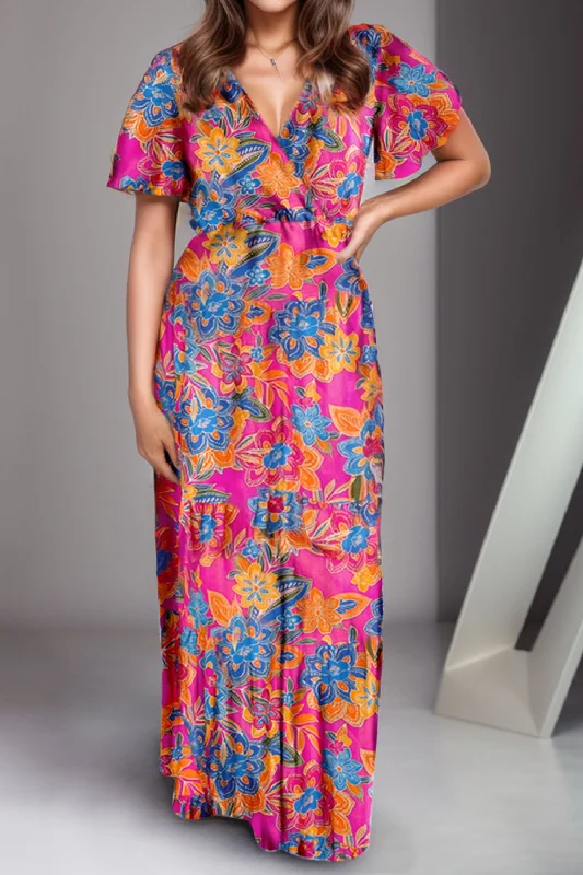 Printed Surplice Short Sleeve Maxi Dress Elegant Silk Maxi Dress