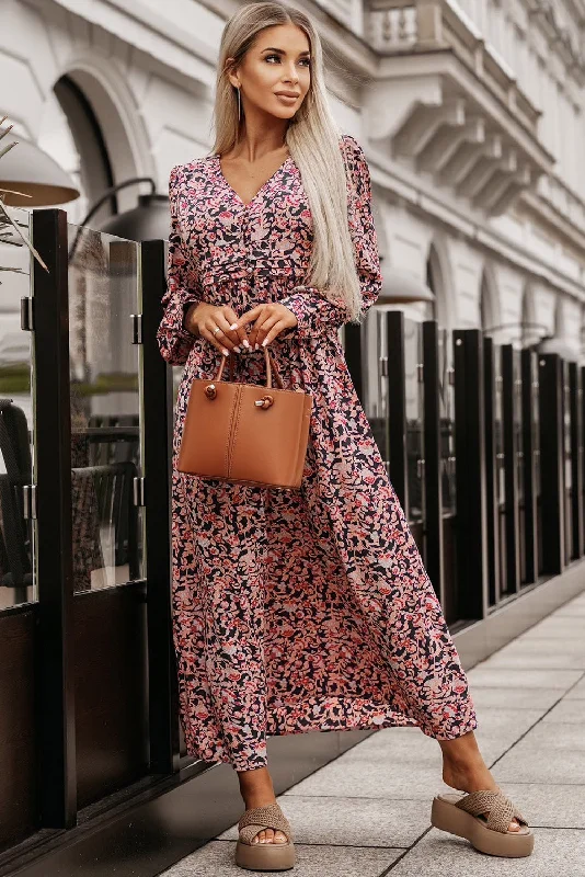Printed V-Neck Long Sleeve Maxi Dress Elegant Sleeveless Maxi Dress