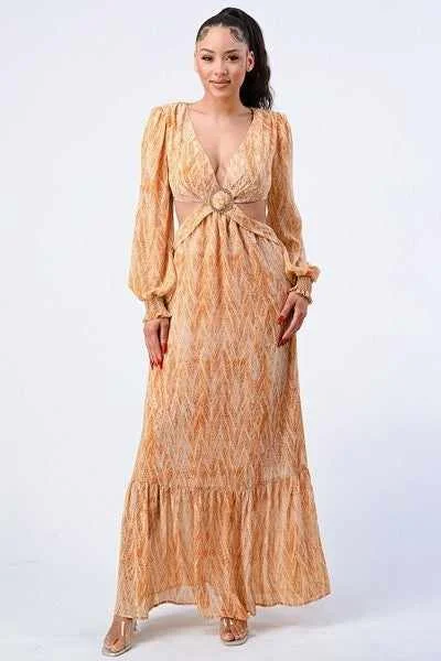 Printed V Neck Self Belted Side Cut Out Ruffled Maxi Dress Classic Solid Maxi Dress