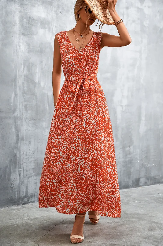 Printed V-Neck Tie Waist Maxi Dress Trendy Button Front Maxi Dress