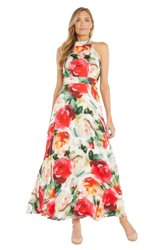 R&M Richards 6608 Long Printed Formal Maxi Dress Comfortable Plunging Neckline Maxi Dress