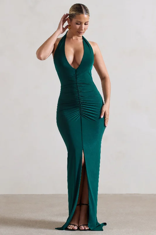 Rachel | Bottle Green Ruched Halter-Neck Split Maxi Dress Fashionable High-Low Maxi Dress