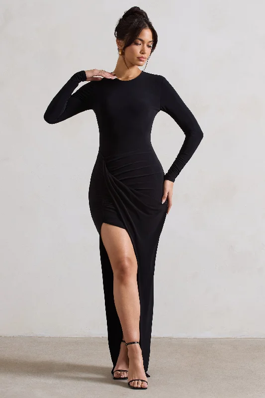 Rebekah | Black Long-Sleeve Wrap Maxi Dress Elegant Maxi Dress with Ruffles