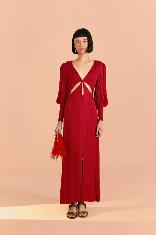 Red Cut Out Long Sleeve Lenzing™ Ecovero™ Viscose Maxi Dress Trendy Floral Print Maxi Dress
