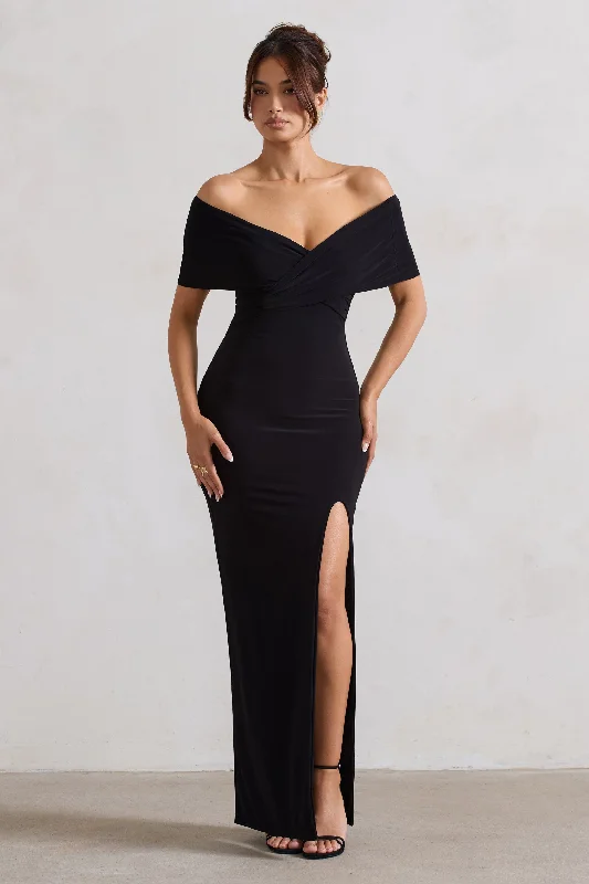 Refined | Black Twist Front Bardot Maxi Dress Comfortable Ruffle Maxi Dress