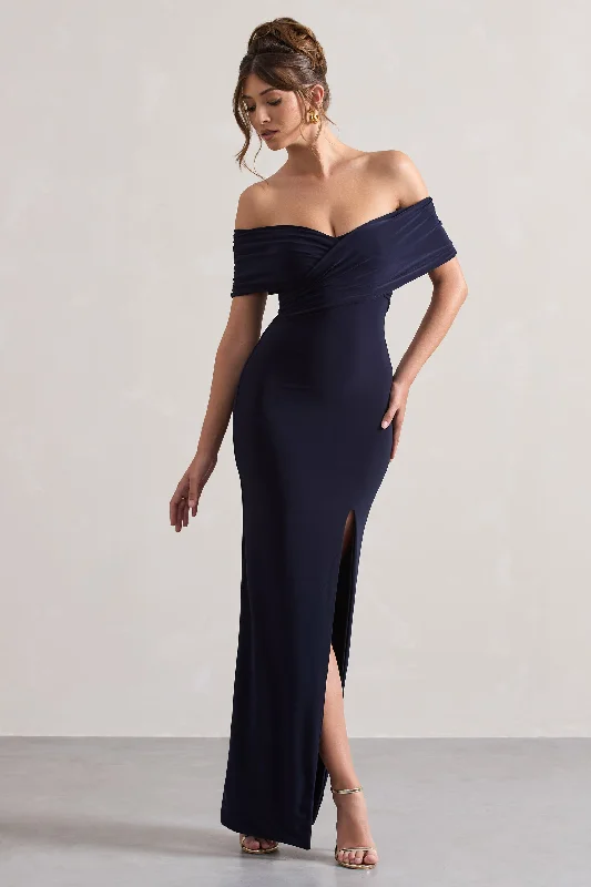 Refined | Navy Twist Front Bardot Maxi Dress Comfortable Long-Sleeve Maxi Dress