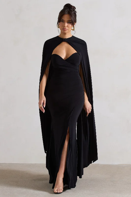 Reign | Black Corset Wrap Maxi Dress With Cape Chic Off-Shoulder Maxi Dress