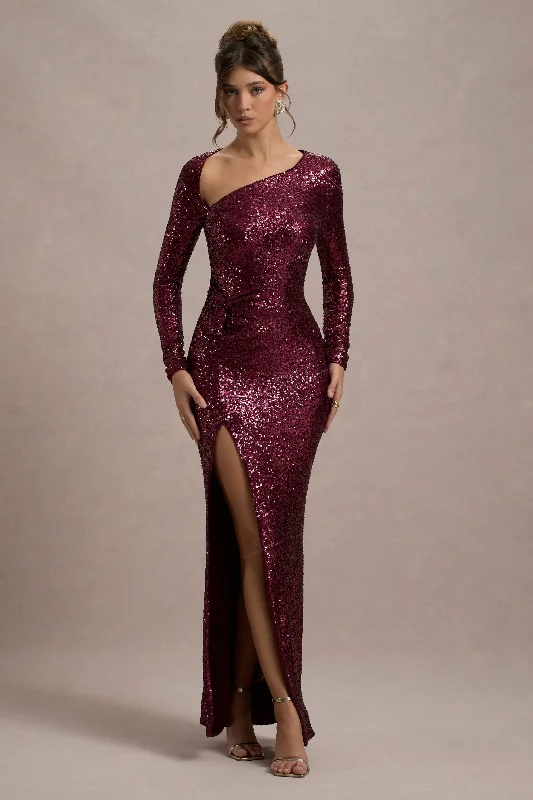 Remarkable | Burgundy Sequin Long-Sleeved Twisted Maxi Dress Comfortable Flowy Maxi Dress