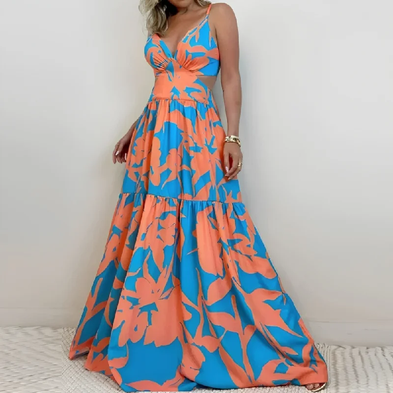 Retro Print Hollow Backless Maxi Dress Comfortable Long-Sleeve Maxi Dress