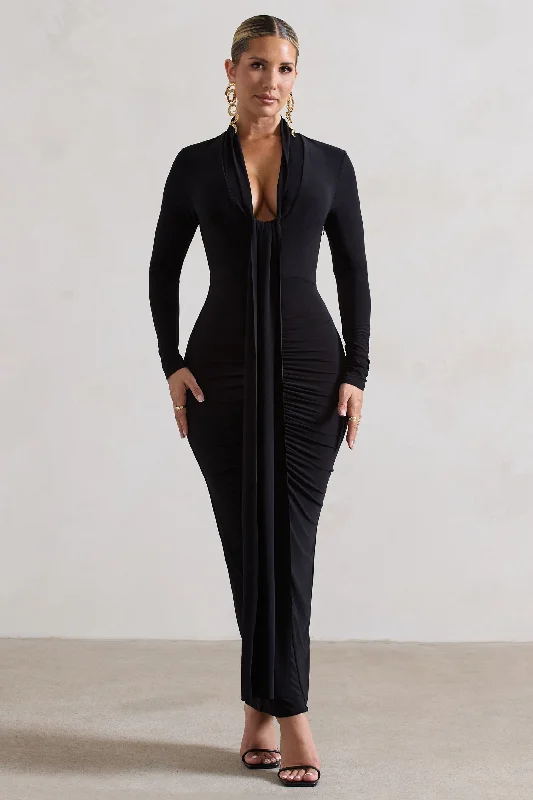 Risha | Black Plunge-Neck Long-Sleeve Drape Maxi Dress Comfortable Cotton Maxi Dress