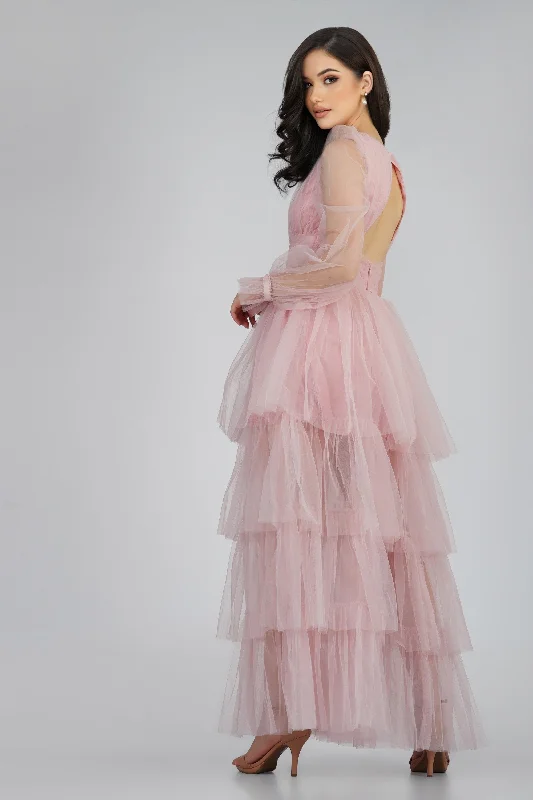 Salma Long Sleeve Tulle Maxi Dress in Pink Fashionable Chiffon Maxi Dress