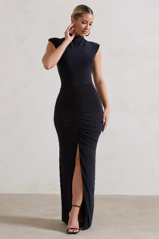 Samira | Black Ruched High-Neck Split Maxi Dress Classic Strapless Maxi Dress