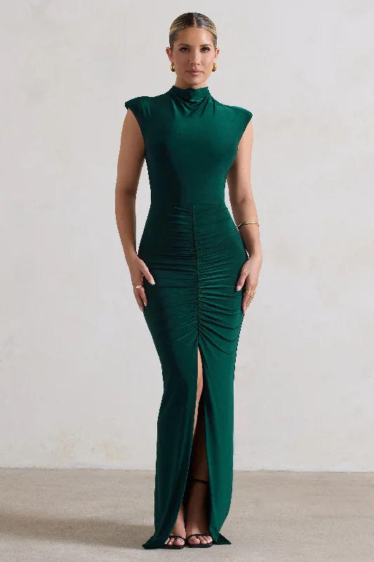 Samira | Bottle Green Ruched High-Neck Split Maxi Dress Chic Summer Maxi Dress