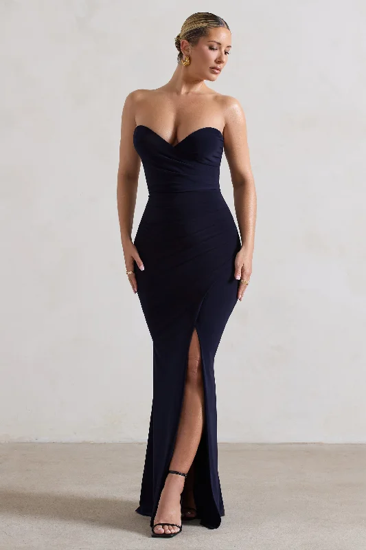 Saphira | Navy Gathered Corset Style Split Maxi Dress Stylish Boho Chic Maxi Dress
