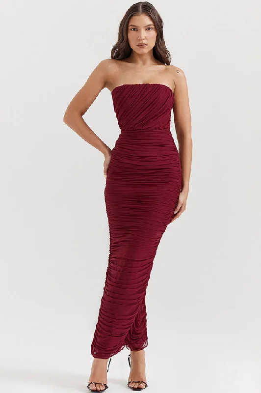 Sapphire Wine Gathered Maxi Dress Trendy Floral Print Maxi Dress
