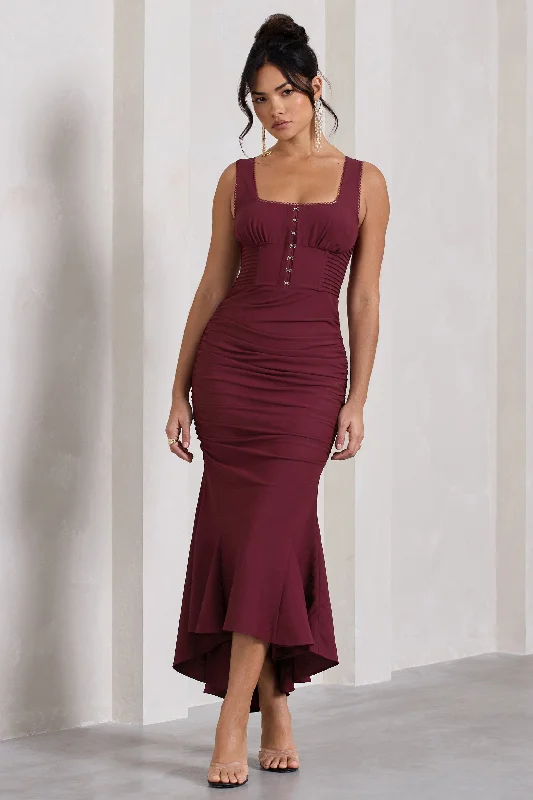 Savannah | Burgundy Square-Neck Corset Fishtail Maxi Dress Classic Black Maxi Dress