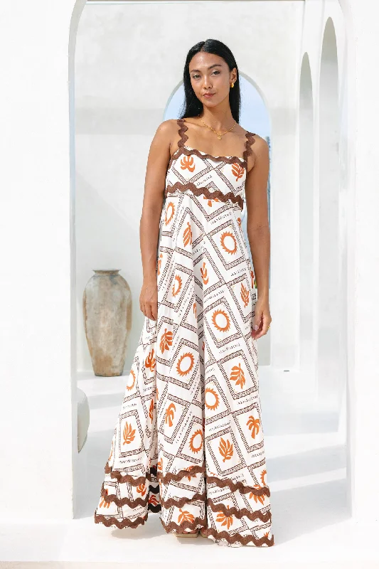 Savita Beige Rust Tropical Ric Rac Maxi Dress Comfortable Ruffle Hem Maxi Dress