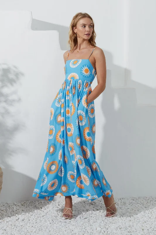 Serin Blue Abstract Sun Maxi Dress Elegant Pleated Maxi Dress