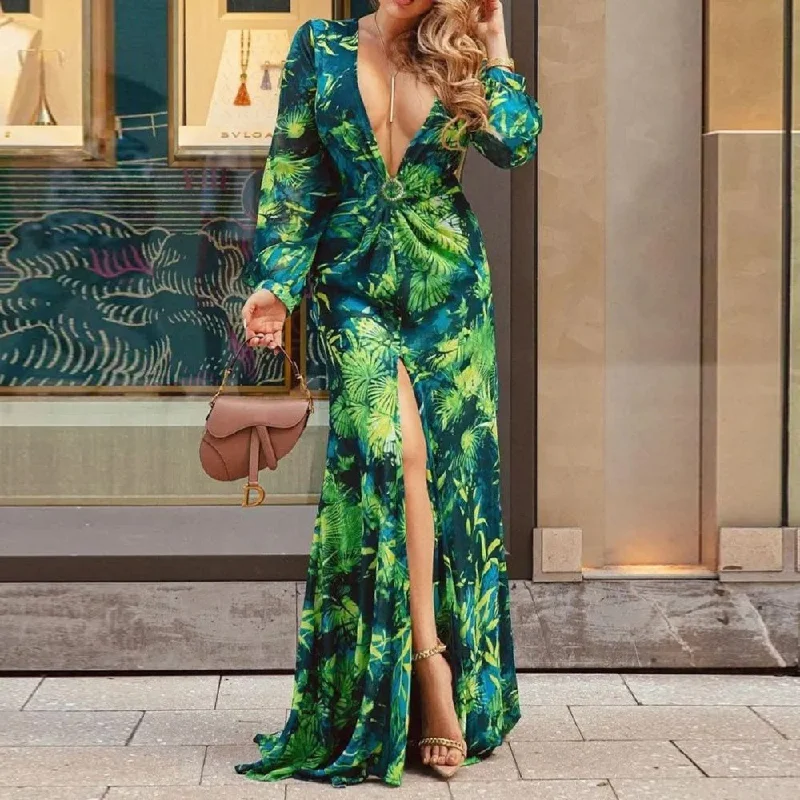 Sexy Long Sleeve Printed V neck Split Maxi Dress Trendy Off-Shoulder Ruffle Maxi Dress