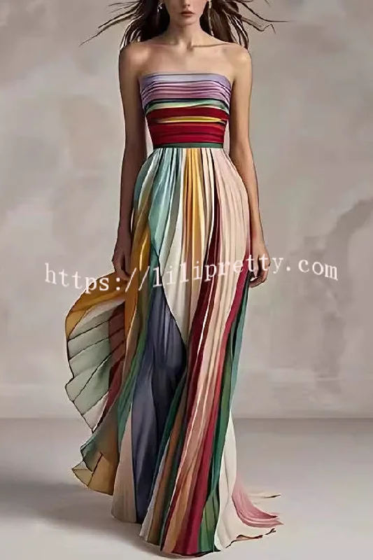 Sexy Off-shoulder Tube Top Waist Color Maxi Dress Chic Boho Print Maxi Dress