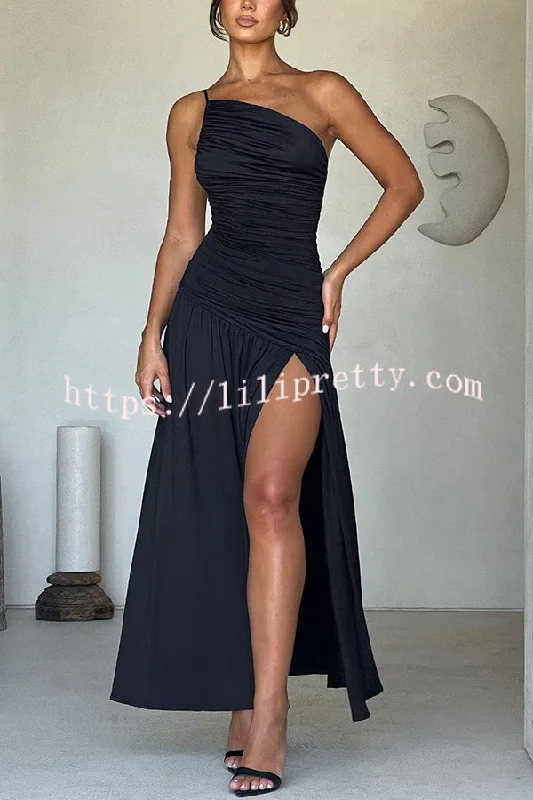 Sexy One-shoulder Strap Gathered Slim Fit Slit Maxi Dress Trendy Ruffled Maxi Dress