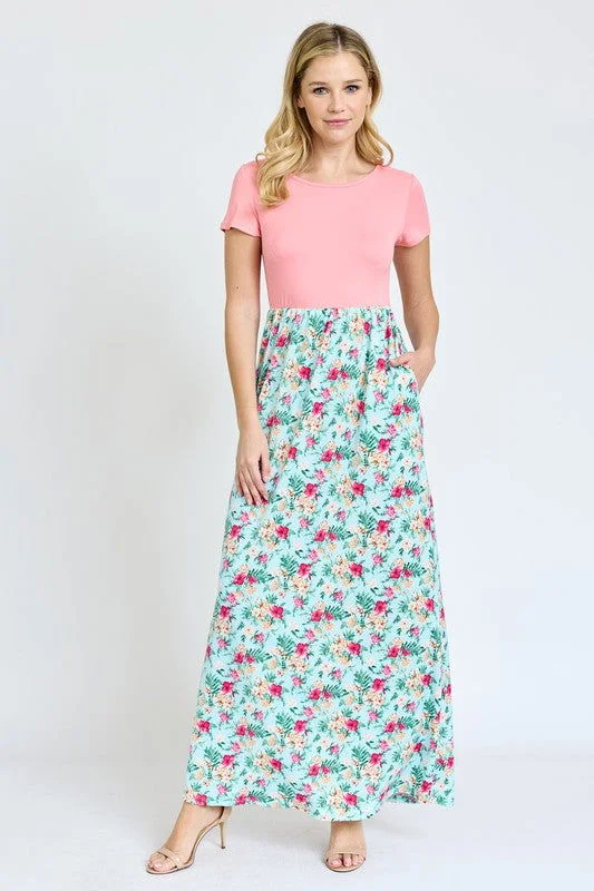 Short Sleeve Floral Maxi Dress Elegant Pleated Maxi Dress